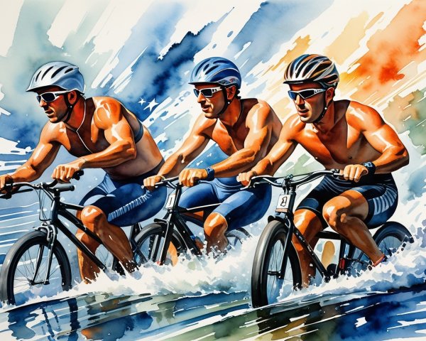 Watercolor Painting of Men Cycling Through Water