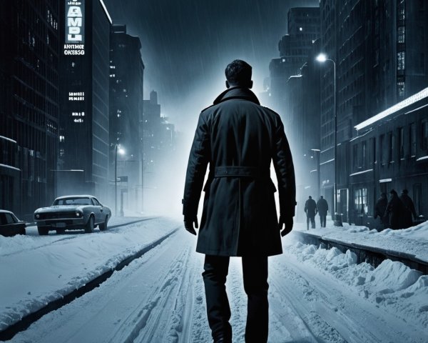 Solitary Figure in Snowy Urban Landscape at Night