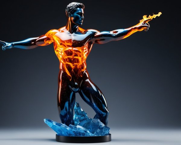 Stylized Male Sculpture with Fiery and Cool Colors