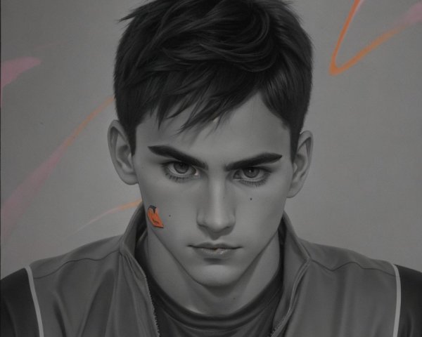 Young man portrait with abstract orange paint detail