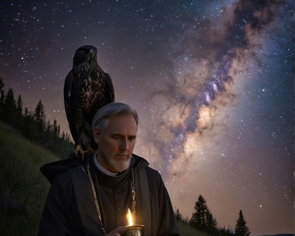 Contemplative figure with candle on hillside under stars