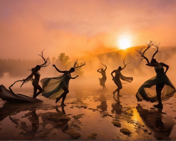 Five Figures Dancing at a Serene Lake at Dawn