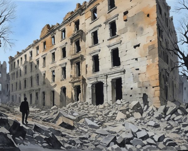 Ruined Building Surrounded by Debris and Shadows