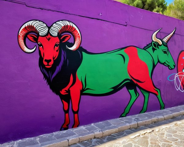 Vibrant Mural of a Ram and Bull on Purple Background