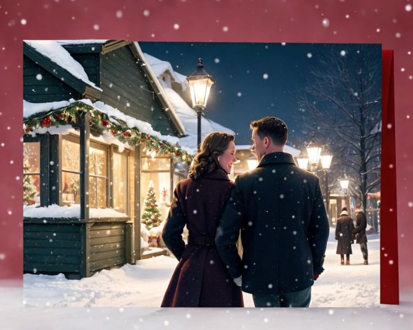 Couple Smiling on Snowy Sidewalk at Twilight