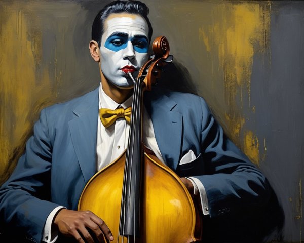 Man in blue suit plays cello with striking makeup