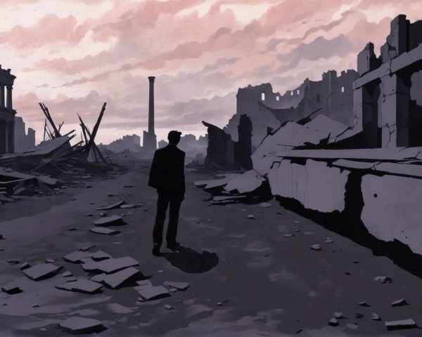 Desolate Landscape with Ruins and Somber Sky