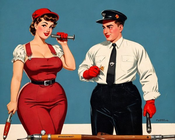 Vintage Illustration of Woman in Red Jumpsuit and Policeman