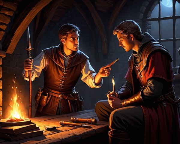 Medieval Figures Conversing by Firelight in Shadows