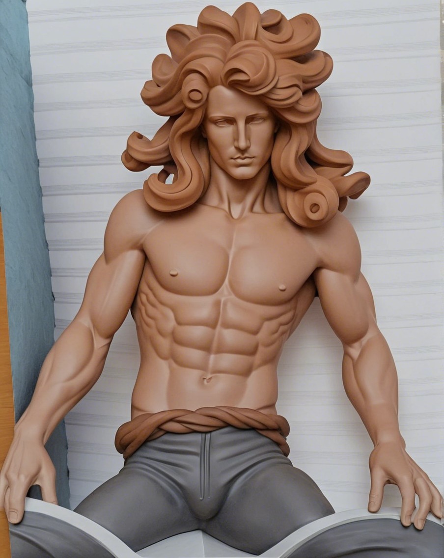 Muscular Male Sculpture with Draped Cloth and Curls