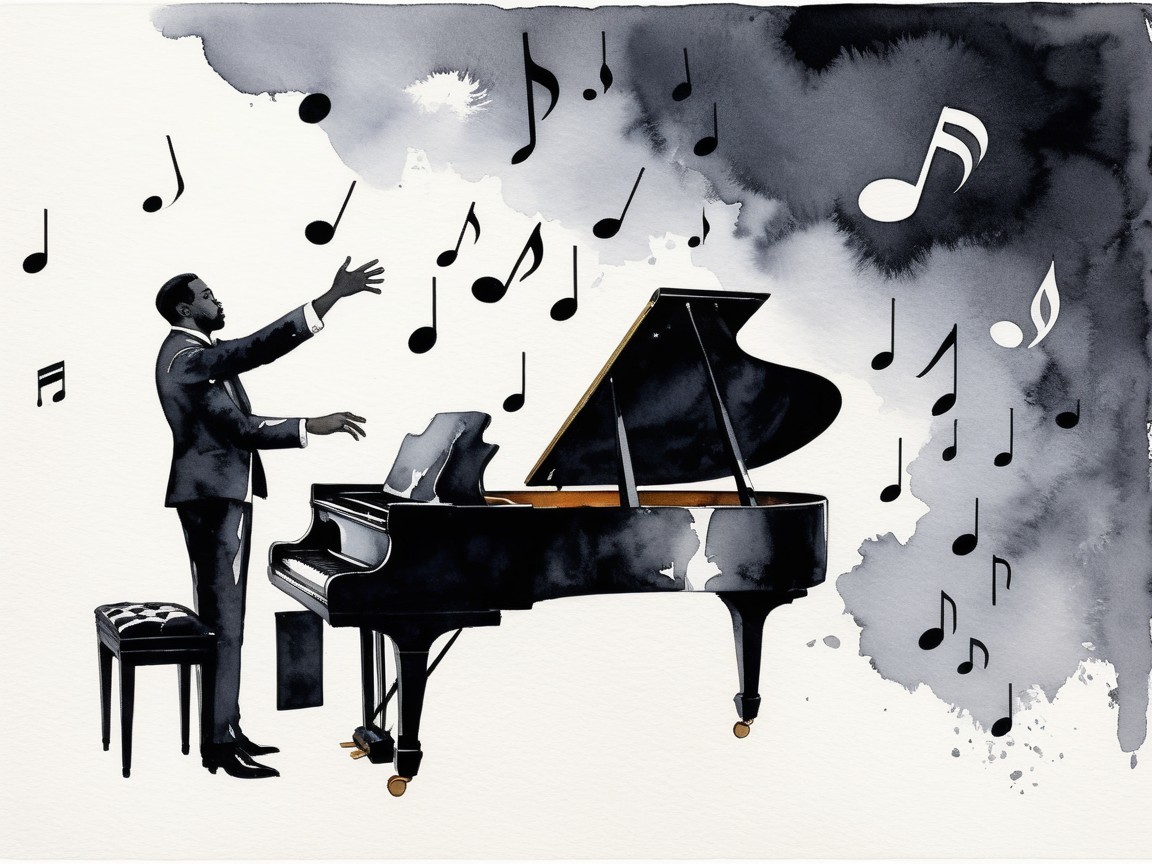Musician at Grand Piano with Swirling Musical Notes