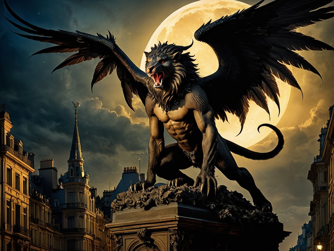 Griffin Statue in Moonlit Cityscape with Old-World Charm