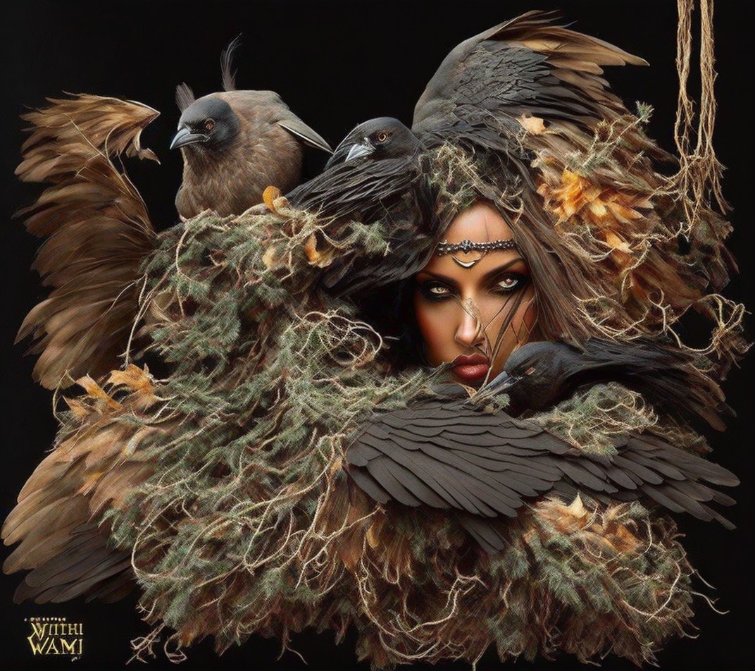 Mystical figure adorned in nature-inspired elements