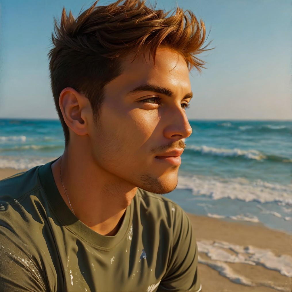 Young man in thoughtful pose at serene beach scene