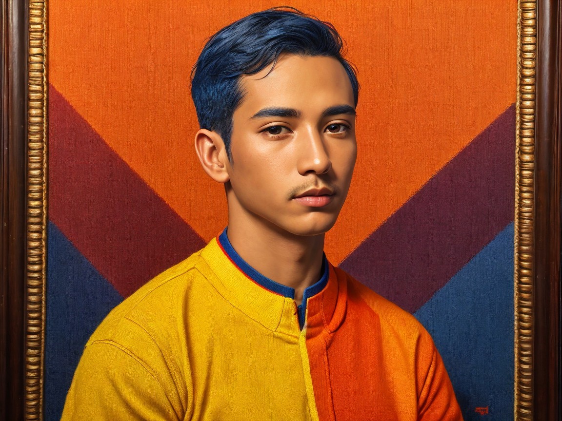Young man with blue hair in vibrant jacket design