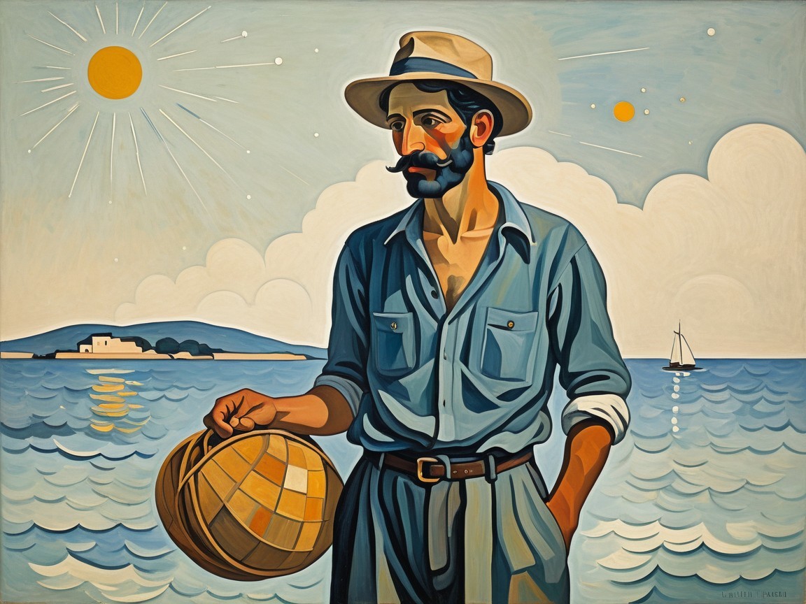 Rugged Man by the Sea with Basket and Sailboat