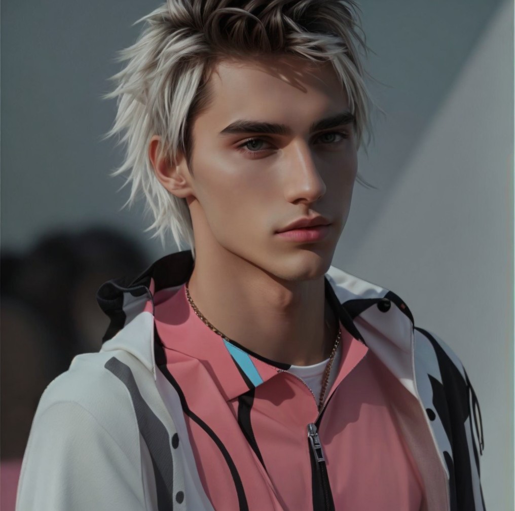 Young man with platinum blonde hair in pink jacket