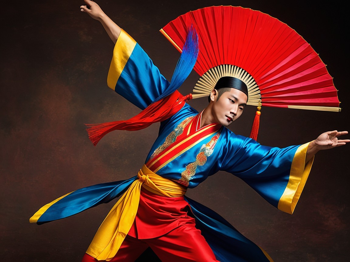 Vibrant Traditional Outfit with Ornate Red Fan