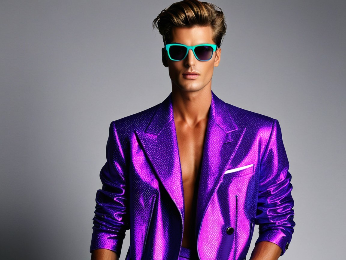 Fashion Model in Shiny Purple Blazer and Turquoise Sunglasses