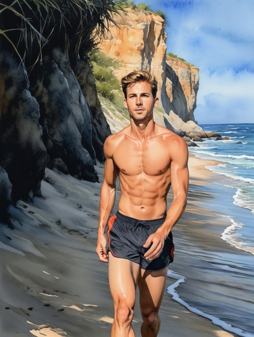 Muscular Young Man Jogging on Scenic Beach