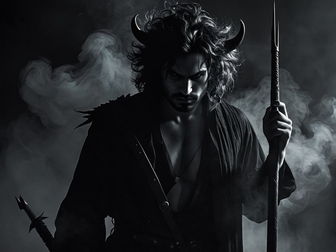 Monochromatic Depiction of a Horned Warrior Figure