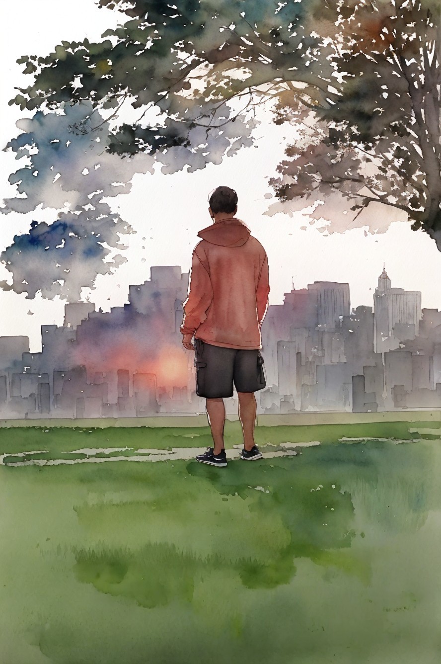 Watercolor Painting of Man Viewing Cityscape at Dusk