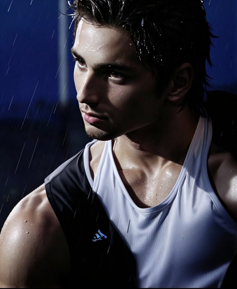 Young man in close-up during rainstorm with backpack