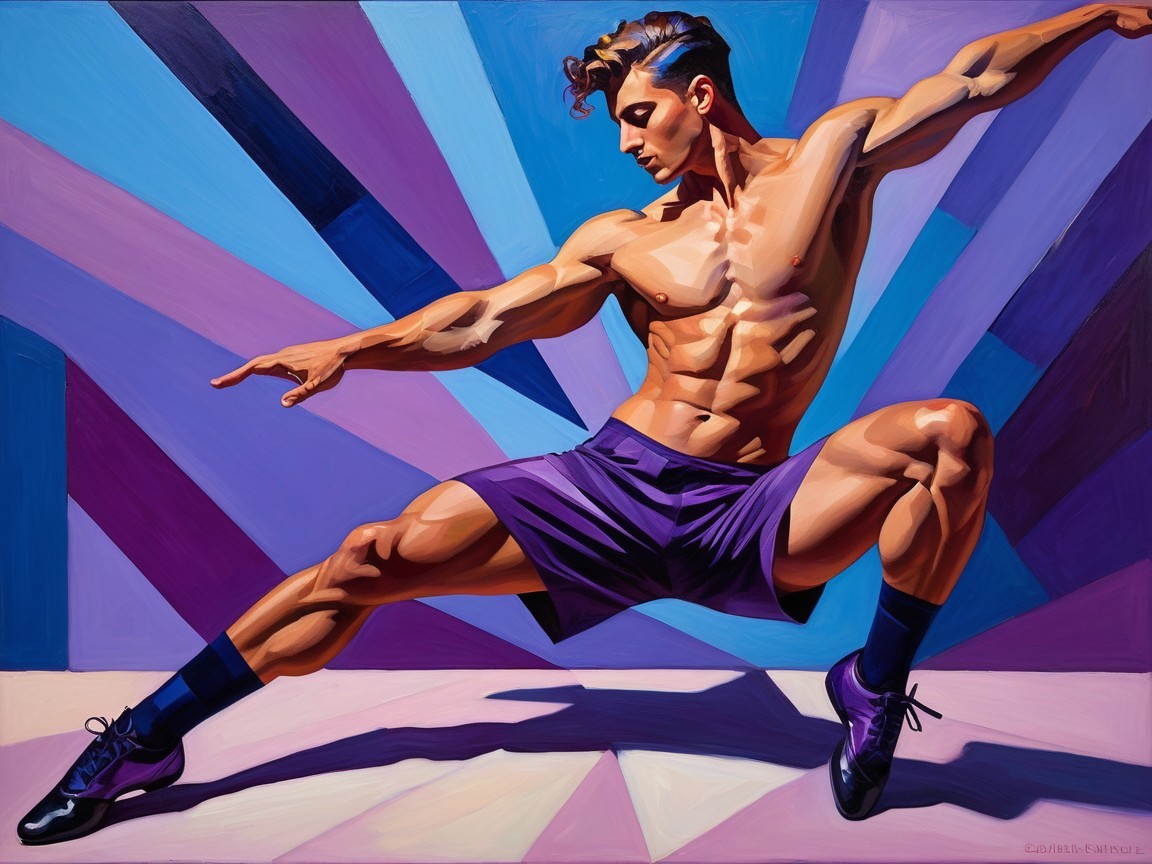 Muscular Male Dancer in Dynamic Pose with Geometric Backdrop
