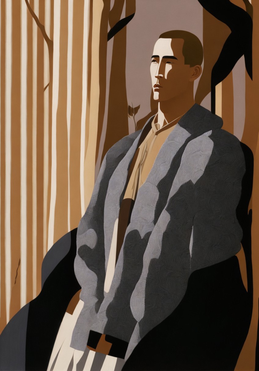 Stylized Figure in Minimalist Pillars and Warm Colors