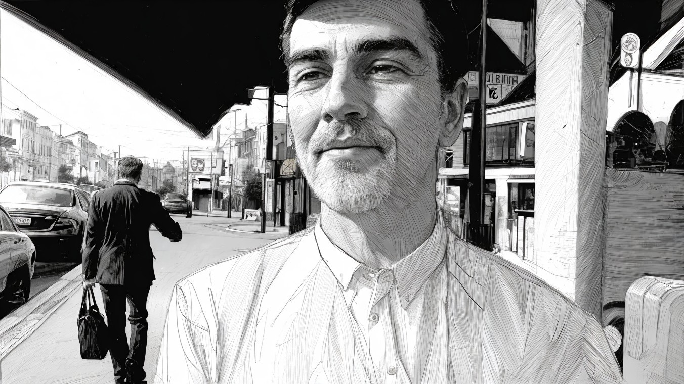 Man with serene expression in urban outdoor setting