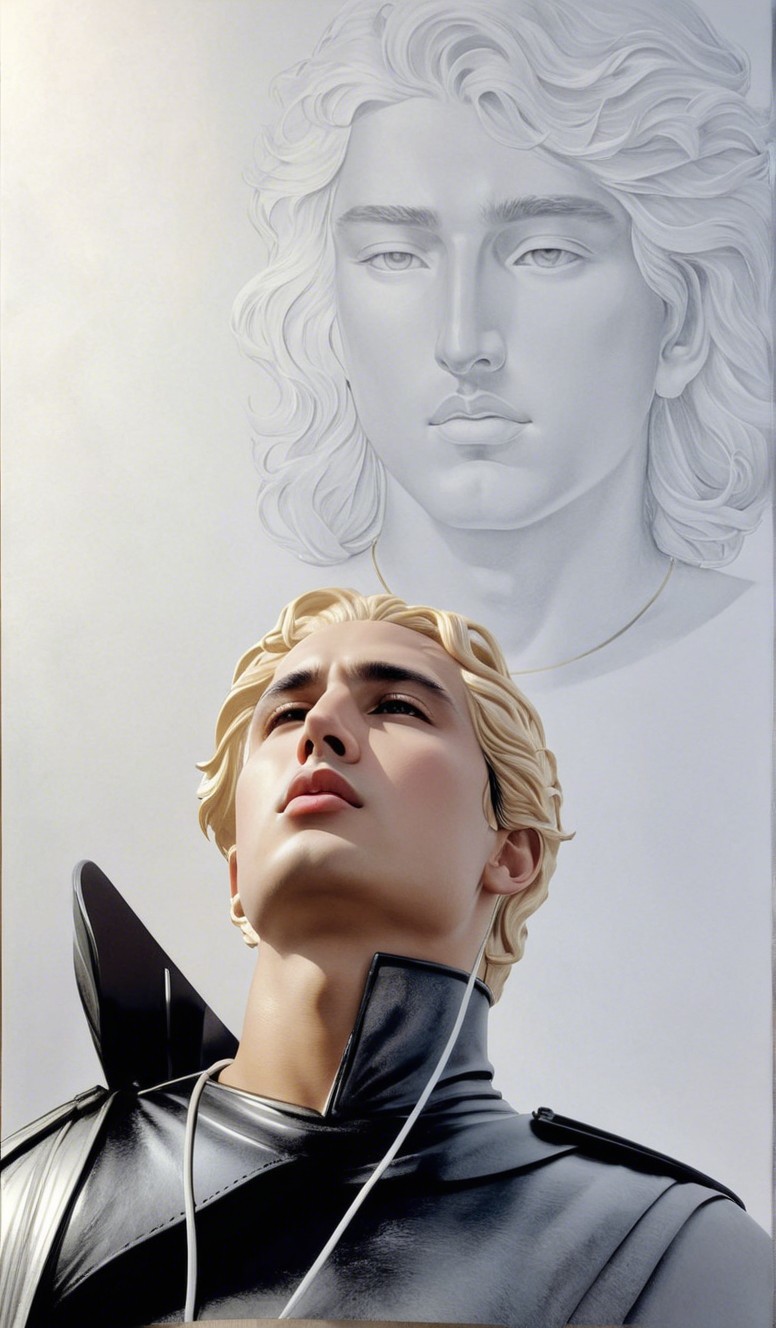 Blonde Figure with Sculpted Monochrome Portrait