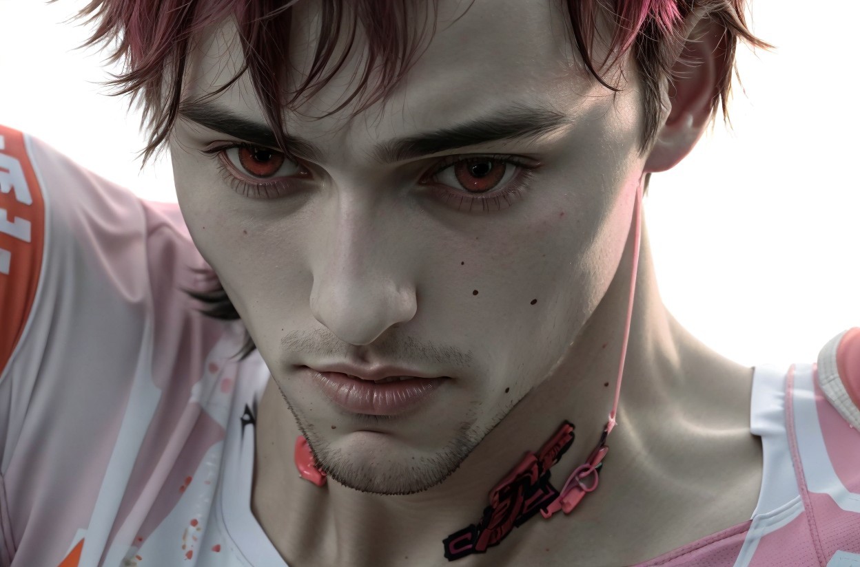 Close-up of a young man with red eyes and unique tattoo