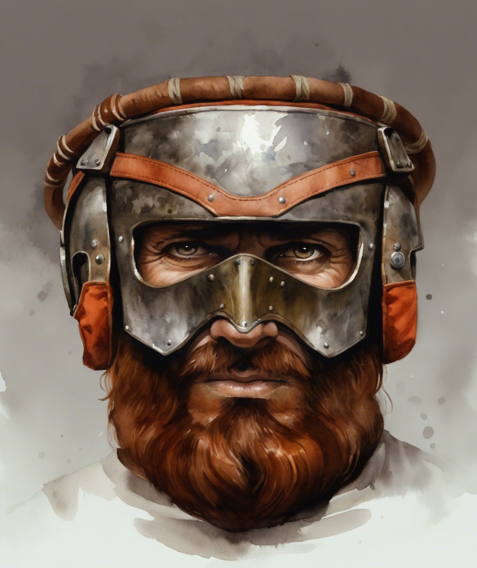 Close-up of a warrior with a metallic helmet and beard