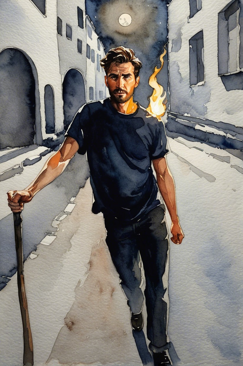 Solitary figure on a dimly lit street at night