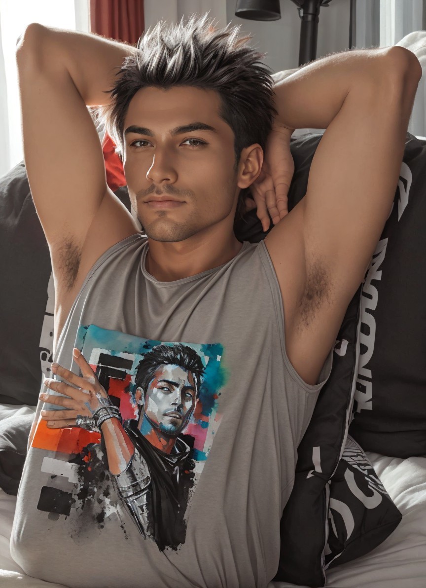 Young man in relaxed pose on bed with graphic shirt