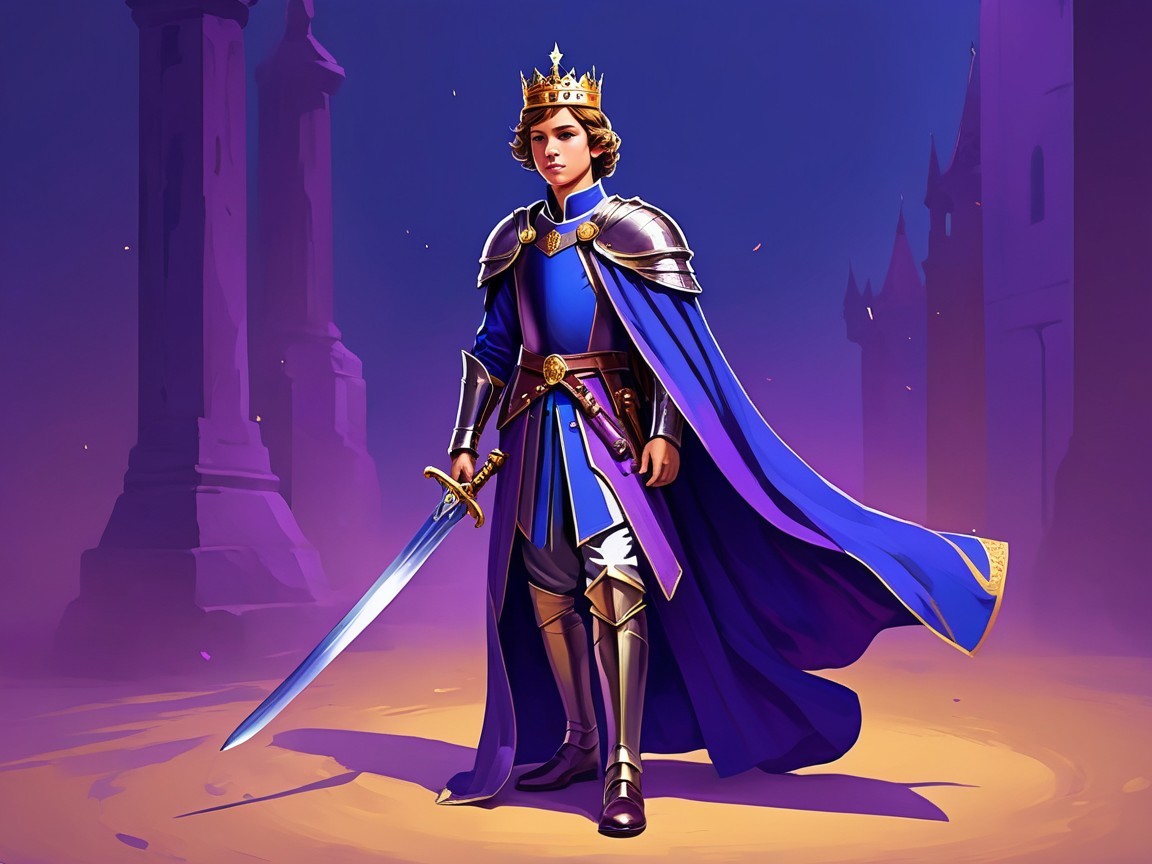 Regal Youthful King in Blue and Gold Attire
