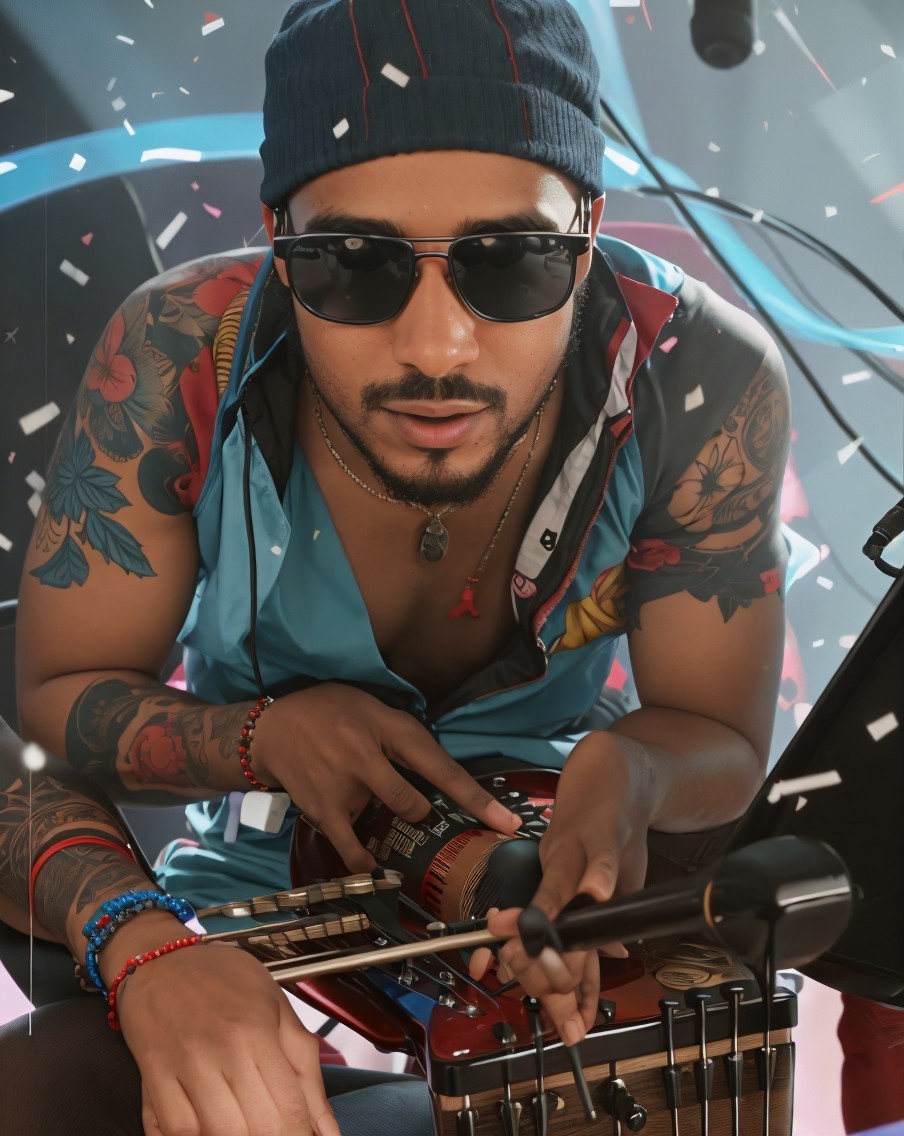 Musician Performing with Traditional Instrument and Tattoos