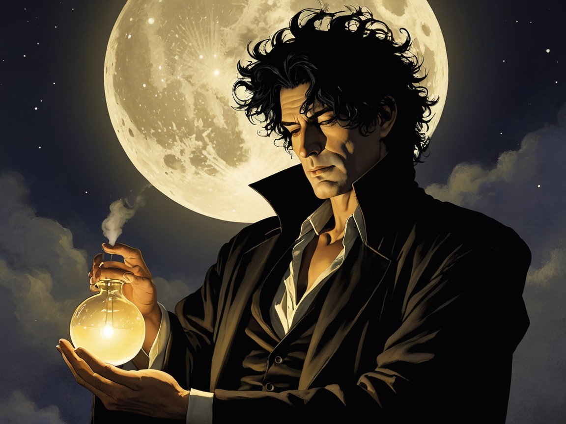 Brooding Figure in Gothic Setting Under Full Moon