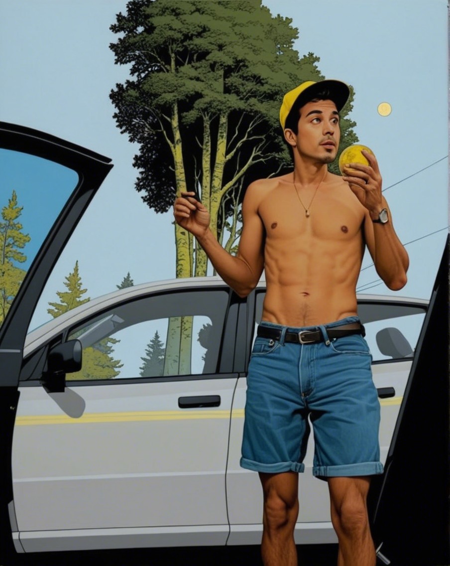 Shirtless Young Man with Fruit by Open Car Door