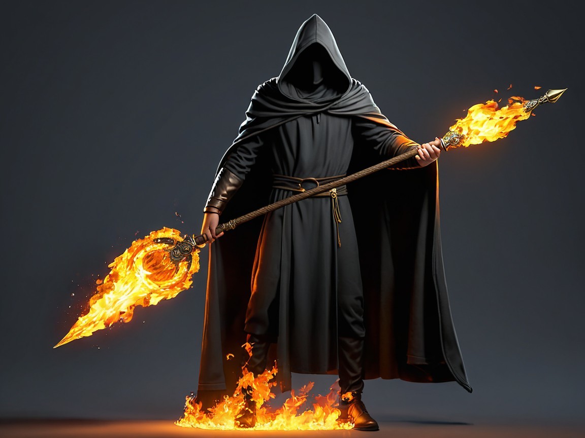 Cloaked figure with flaming spear and dark robe
