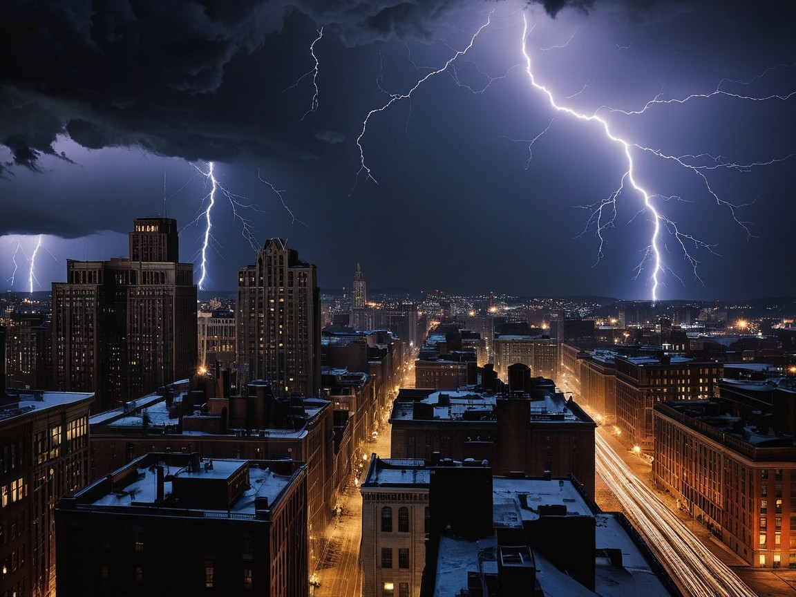 Dramatic City Skyline Under Stormy Night Sky