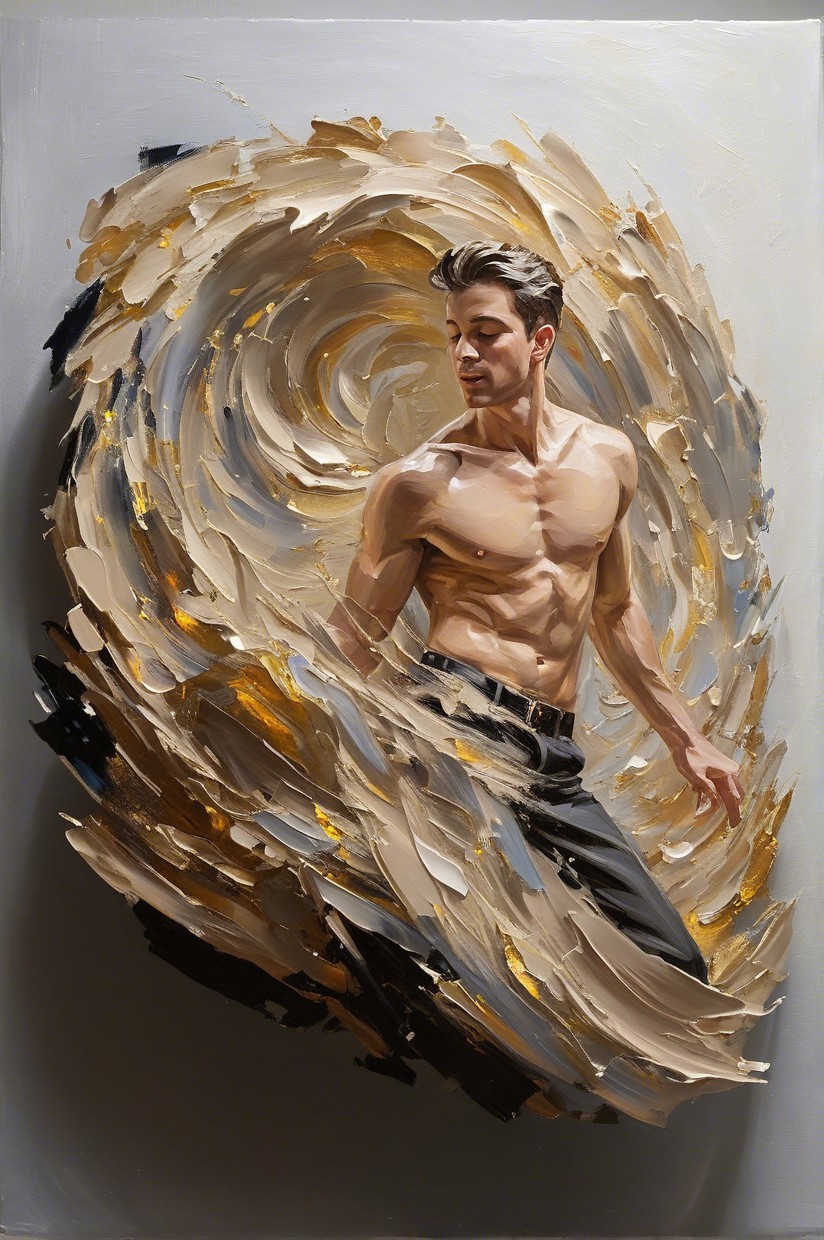 Muscular Figure in Gold and Beige Abstract Vortex