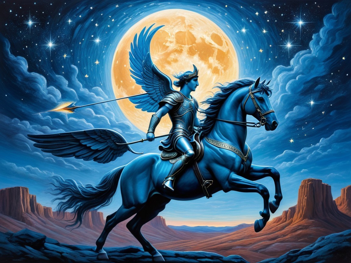 Blue-winged warrior on horse under full moonlight