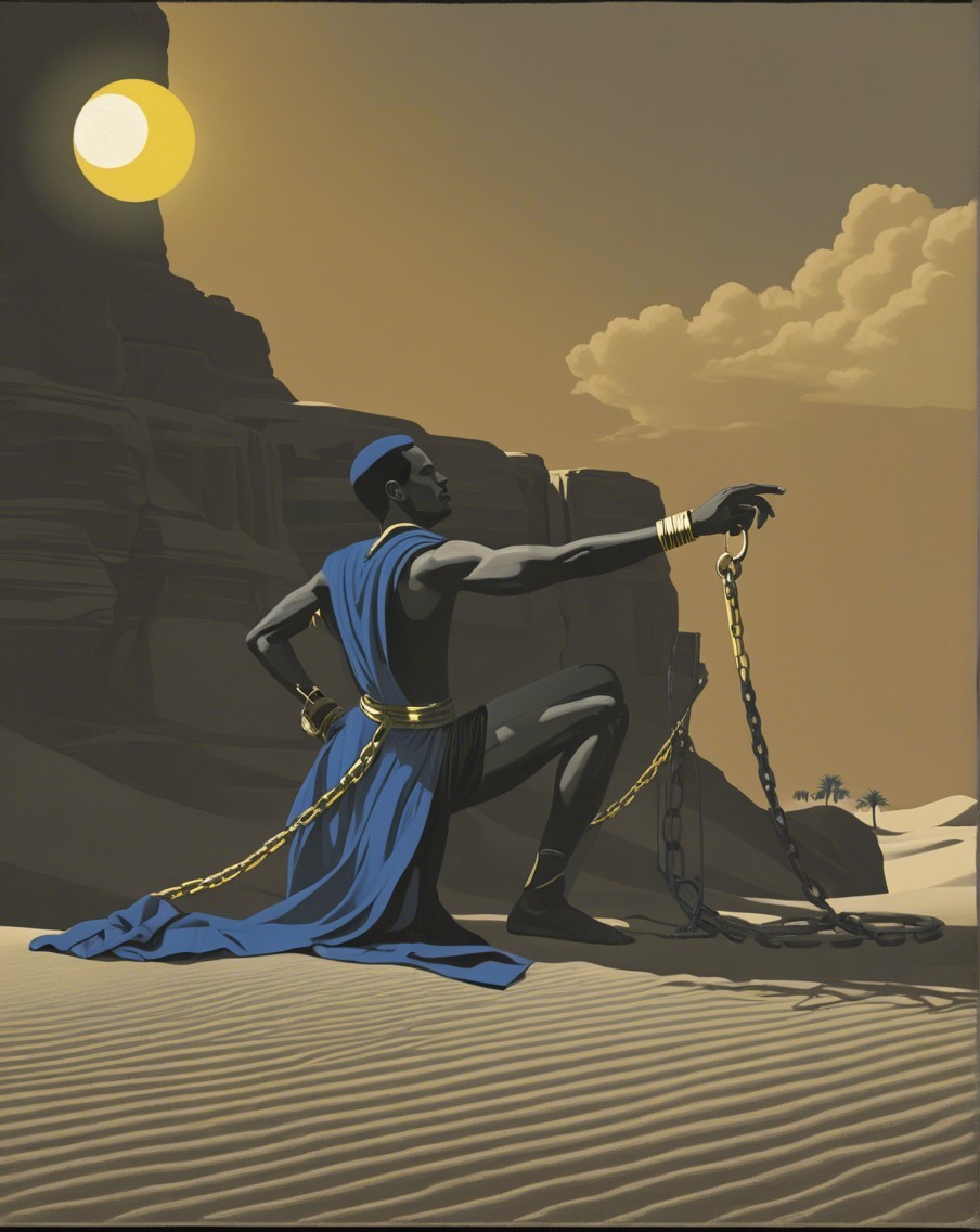 Kneeling Figure in Desert with Blue Drapery and Chains