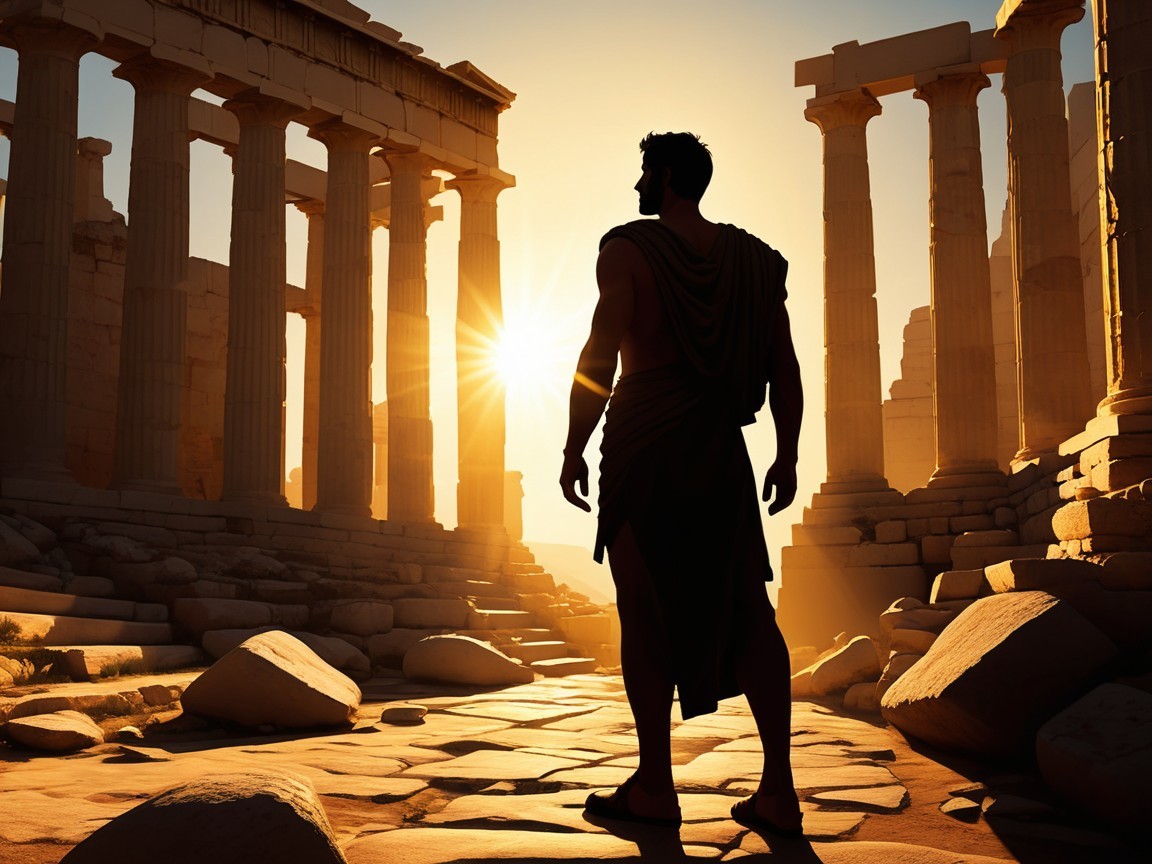 Silhouetted Figure in Ancient Greek Temple at Sunset
