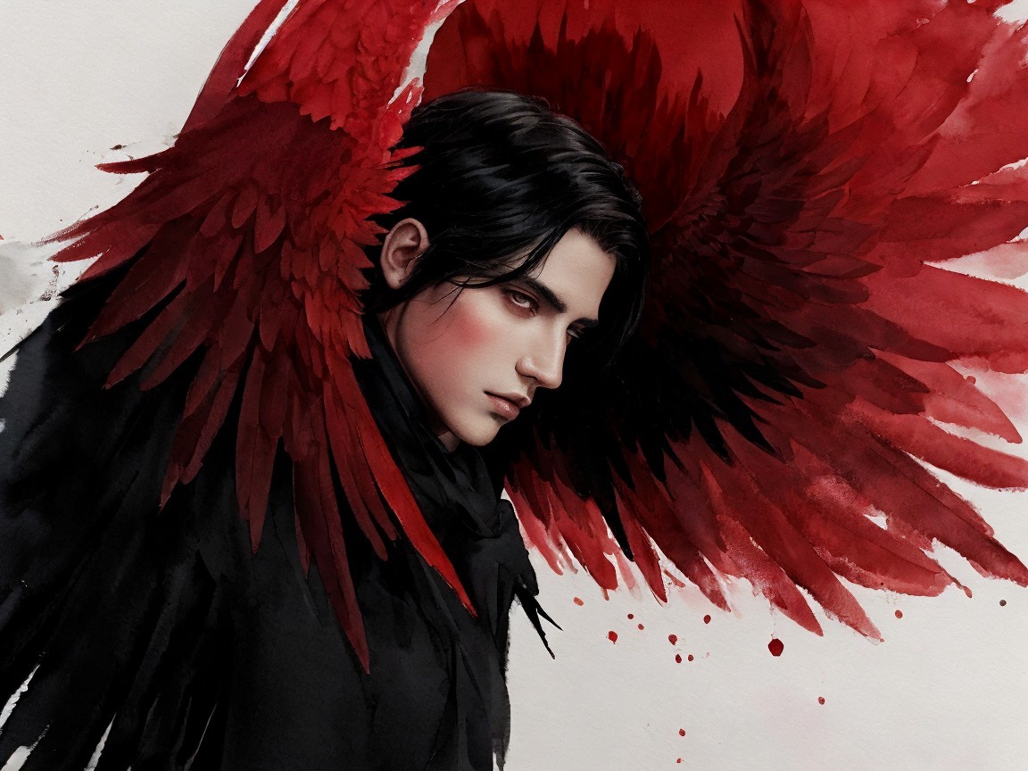 Striking figure with dark hair and feathered wings
