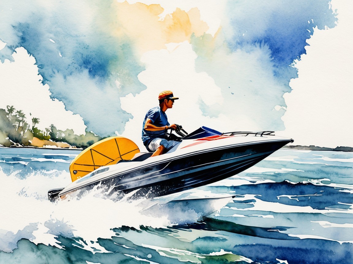 Watercolor Painting of a Man on a Jet Ski Adventure