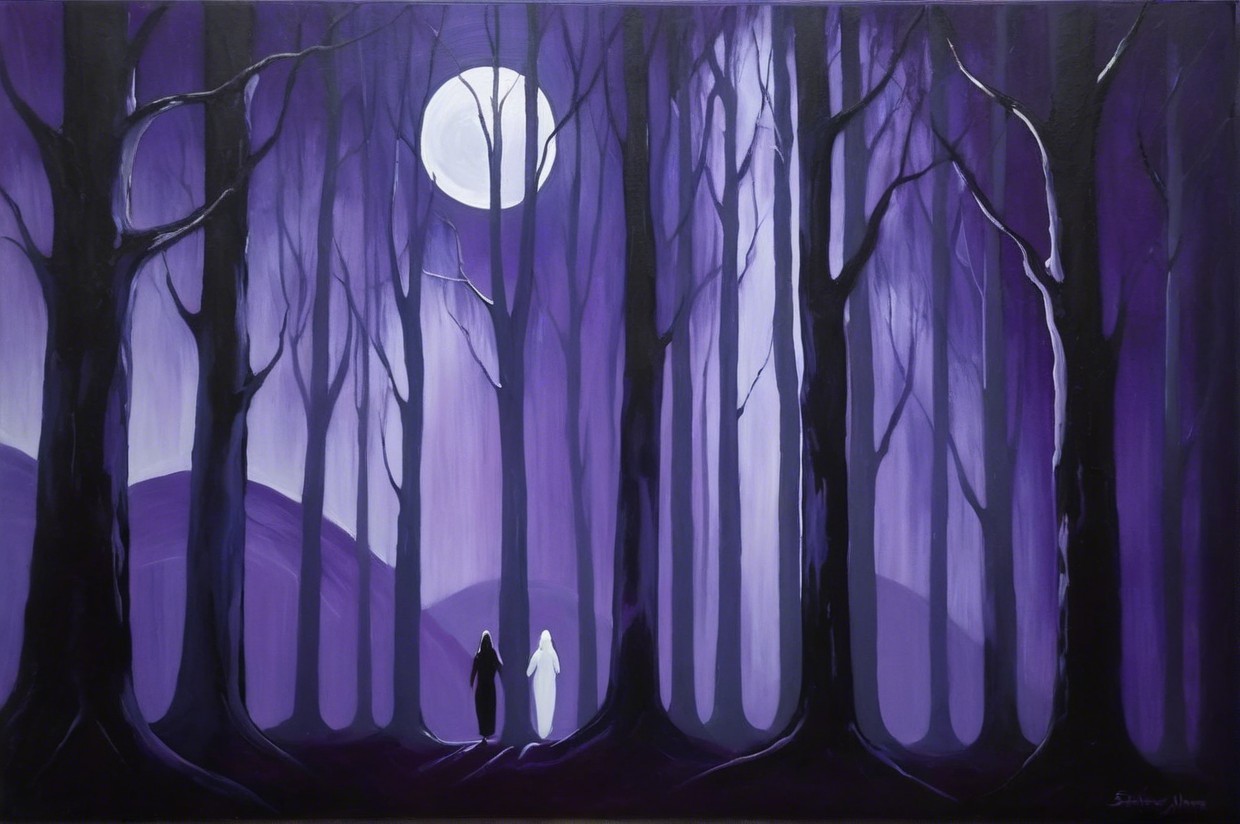 Mystical Forest Scene with Full Moon and Figures