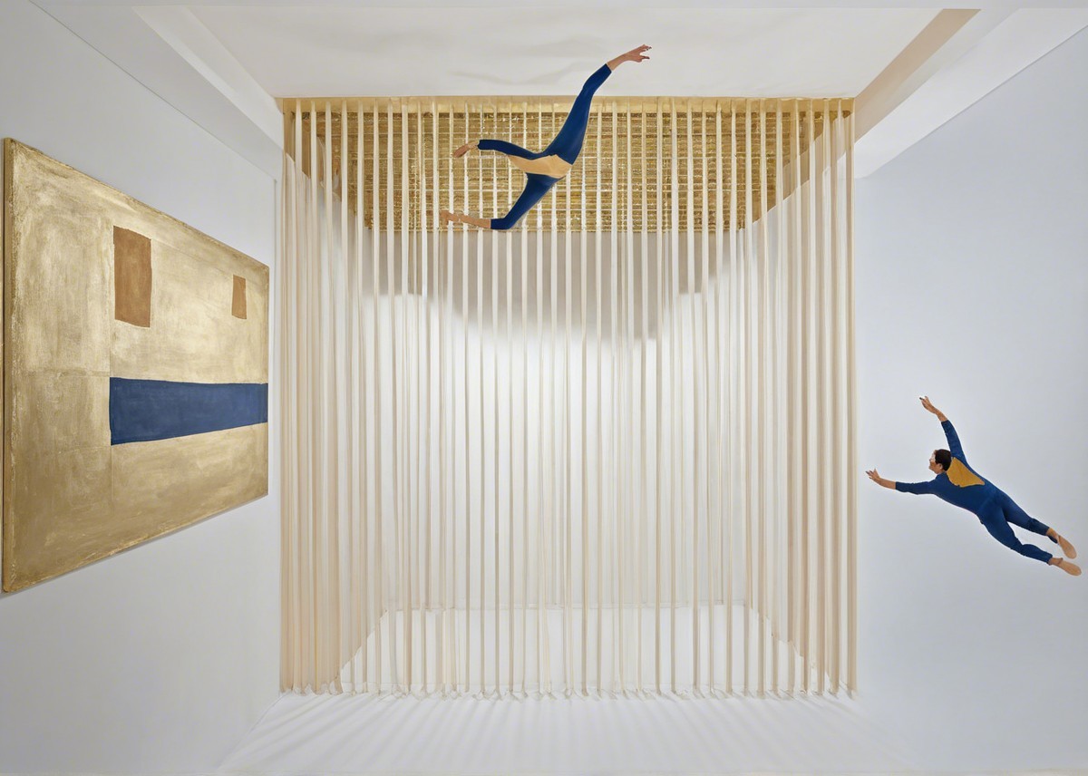 Minimalist Surreal Space with Floating Figures and Art