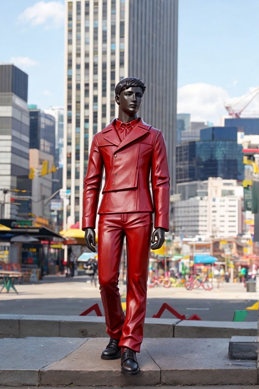 Mannequin in Red Suit Against Urban Backdrop